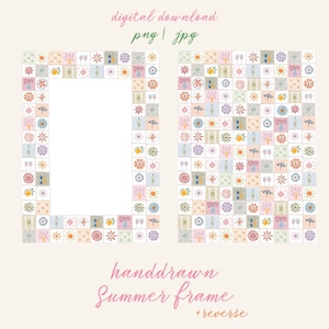 May include: Digital download of a hand-drawn summer frame with a reverse pattern. The frame and pattern feature a repeating tile design with illustrations of lemons, flowers, umbrellas, and drinks in pastel colours. The text "digital download png | jpg" is at the top.