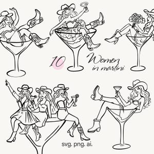 Conjunto de clipart de despedida de solteira Martini SVG Mulher em copo de coquetel PNG Clipart de cowgirl caprichosa desenhada à mão Arte de garota de despedida de solteira ocidental