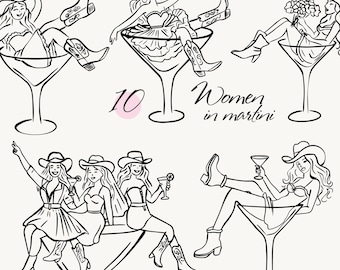 Martini Bachelorette Clipart SVG Set Woman in Cocktail Glass PNG Hand Drawn Whimsical Cowgirl Clipart Western Bachelorette Party Girl Art