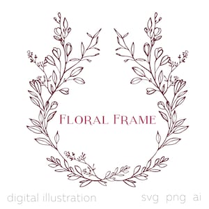 Botanical Wreath Clipart Hand-Drawn Floral Frame PNG SVG Wedding Vintage Crest Line Art Boho Foliage Illustration