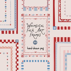 Handritade nyckfulla folkkonstramar PNG, handritad kant Clipart, skandinaviska blomramar, retro dekorativa kantlinjer (digital nedladdning)