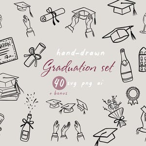 Graduación Сlipart SVG PNG Conjunto Arte de línea Clipart Bandle Ilustraciones Universidad Colegio Graduado Fiesta Invitación SVG Graduado Doodle Clase de