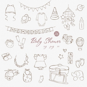 Icono de baby shower Clipart SVG PNG Ilustraciones de arte lineal de bebé dibujadas a mano Fiesta de baby shower SVG Anuncio de embarazo Doodle