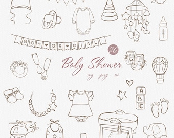 Baby Shower Icon Clipart SVG PNG Hand Drawn Baby Line Art Illustrations Baby Shower Party SVG Pregnancy Announcement Doodle