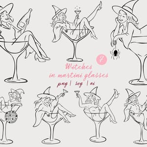 Könnte beinhalten: Strichzeichnung von sieben Hexen in Martinigläsern. Jede Hexe ist in einer anderen Pose dargestellt, einige halten Getränke oder eine Discokugel. Der Text "Witches in martini glasses" ist ebenfalls vorhanden.