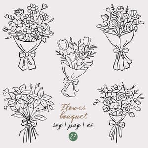 Peut inclure: Illustrations au trait de cinq bouquets de fleurs différents, chacun enveloppé dans du papier et noué avec un nœud. Le texte "Flower bouquet svg | png | ai" est inclus, ainsi que le numéro "27" dans un cercle vert.