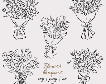 May include: Five line drawings of flower bouquets, each presented in a paper wrap and tied with a bow. The image includes the text "Flower bouquet svg | png | ai" and the number "27" within a green circle.