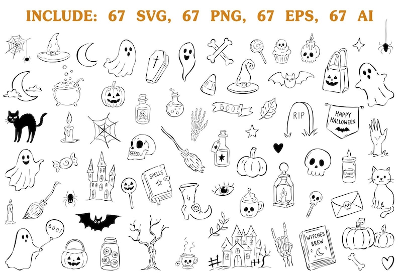 Halloween SVG Clipart Spooky Doodle Clipart Bundle SVG PNG Whimsical ...