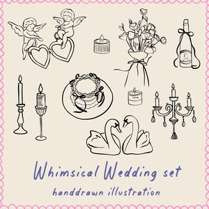 Conjunto de imágenes prediseñadas de boda caprichosas, ilustraciones románticas dibujadas a mano, descarga digital estética de boda vintage: Cupido, velas, cisnes y flores.