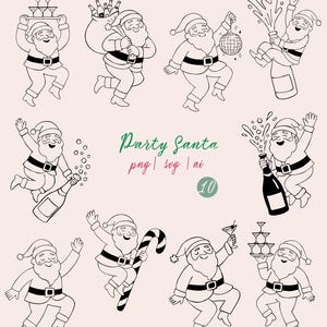 May include: A collection of ten black and white illustrations of Santa Claus in various party poses. Santa is depicted holding champagne bottles, carrying a sack of bottles, and dancing with a disco ball. The text "Party Santa" is included.