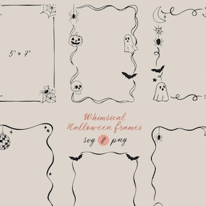 Op de afbeelding: Een verzameling grillige Halloween-frames in zwarte lijntekening op een beige achtergrond. De frames bevatten spinnen, spinnenwebben, geesten, vleermuizen, pompoenen en een discobal. Eén frame is gemarkeerd met 5' * 7'. De tekst "Whimsical Halloween frames svg & png" is ook aanwezig.
