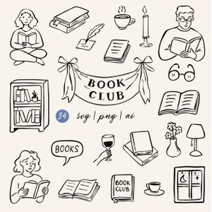 Könnte beinhalten: Schwarz-Weiß-Illustrationen zum Thema Bücher und Lesen. Dargestellt sind lesende Personen, Bücher, ein Bücherregal, ein Banner mit der Aufschrift "BOOK CLUB", eine Kaffeetasse und ein Fenster mit Mond.