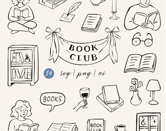Buch Club Clipart Bundle | Lesen Illustrationen Set | Gemütliche Bibliothek Line Art | SVG PNG PNG | Buchliebhaber Grafiken