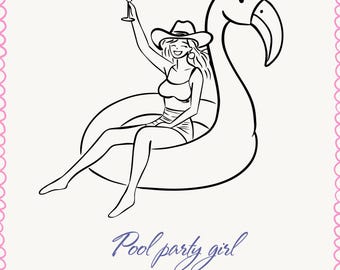 Pool Party Girl SVG Pool Party Women Sketch Pool Outline Girl In Swimming Pool Bachelorette Party Girl Line Art