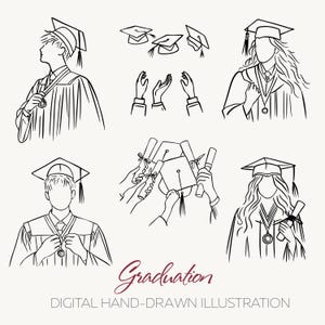 Imágenes prediseñadas de graduación, ilustraciones de arte lineal de graduación dibujadas a mano, invitación a fiesta de graduación universitaria, PNG SVG, birrete de graduado, toga, diploma