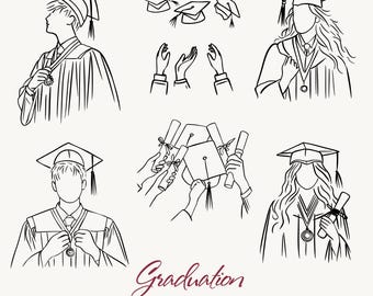 Graduation Clipart Hand-Drawn Graduation Line Art Illustrations University College Grad Party Invitation PNG SVG Graduate Cap Gown Diploma
