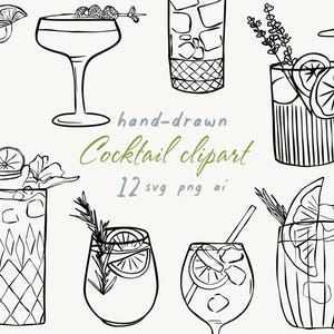 Set di clipart di cocktail, PNG SVG, cocktail originali, cocktail artistici, drink per matrimonio, icona di cocktail disegnata a mano, SVG, clipart di menu di bar per matrimonio