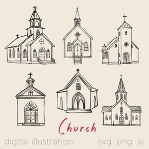 Iglesia Clipart SVG Ilustración dibujada a mano SVG PNG Conjunto Iglesia caprichosa Clipart Lugar de boda Arte lineal Lugar minimalista Boceto