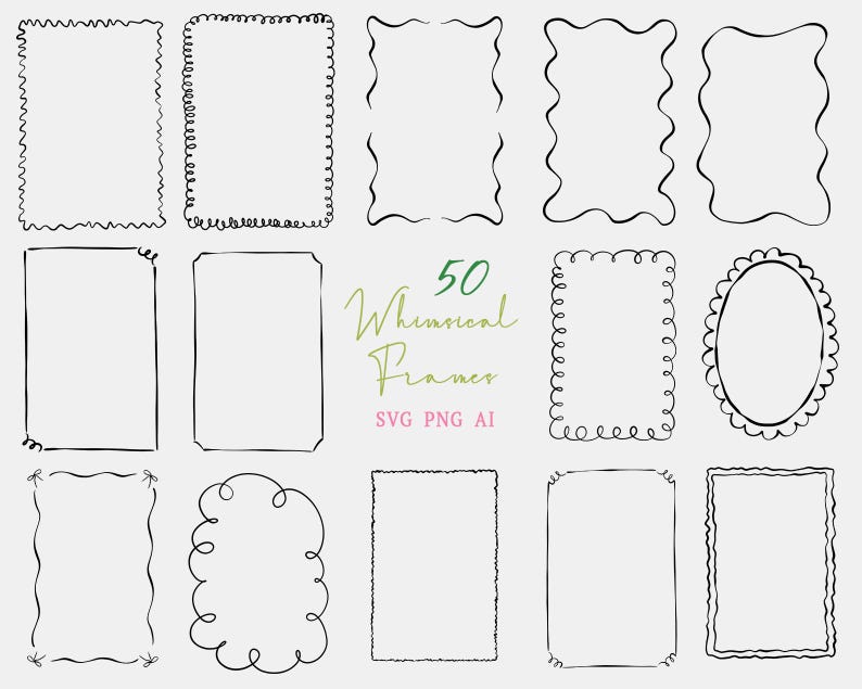 Hand Drawn Frames SVG Whimsical Frame Set Clipar PNG Frames Squiggly ...