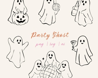 Party Ghost Clipart Set Halloween Ghosts PNG SVG Spooky Cute Ghosts for Party Decor Sublimation Stickers Whimsical Ghost Illustration