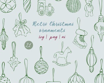 Peut inclure: Une collection d'ornements de Noël rétro dessinés au trait vert, dont un train, un ours en peluche, une cloche et un cheval à bascule, sur fond bleu clair. Le texte indique "Retro Christmas ornaments svg | png | ai".