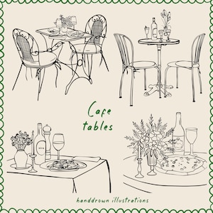 Mesas de café, ilustrações desenhadas à mão, arte em linha, mesas de bistrô, conjunto de clipart romântico para café, download digital para adesivos, impressões, cardápios e muito mais