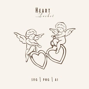 Vintage Cherub Heart Locket PNG SVG Outline Clipart Whimsical Love Printable Wedding Icon