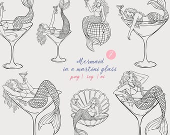 Meerjungfrau in einem Martini-Glas-Clipart-Set SVG PNG Wunderliche Meerjungfrau-Illustration Frauen im Cocktailglas SVG Last Splach Bachelorette
