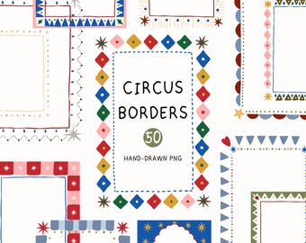 Handgezeichnete Zirkusbordüren (PNG), verspielte Karnevalsrahmen, farbenfrohe Retro-Zirkus-Cliparts, Bordüren für Kindereinladungen und Poster