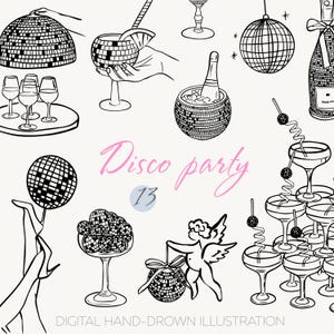 Clipe de festa discoteca, ilustrações de bola de discoteca desenhadas à mão, gráficos de coquetel para festa dos anos 70, arte retrô para clube, convites de aniversário SVG PNG
