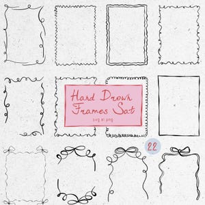 May include: A collection of hand-drawn black frames in various styles, including wavy lines, zigzags, and bow accents. The set includes rectangular and square shapes, perfect for digital art or scrapbooking. The text "Hand Drawn Frames Set" is visible.