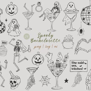 May include: A collection of black and white Halloween-themed illustrations. The images include skeletons, pumpkins, ghosts, martini glasses, a disco ball, cupcakes, a cauldron, a spider web, and a sign that says "She said yes, witches!"