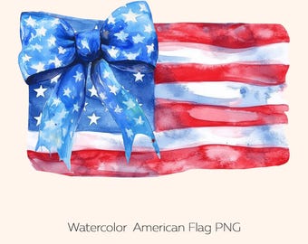Watercolor American Flag PNG: Preppy Bow, Patriotic Wall Art (Digital Download