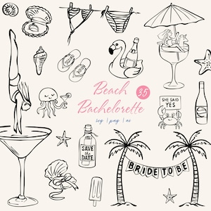 Beach Bachelorette Clipart Summer Whimsical Hand-Drawn Bridal Party SVG PNG Bride to Be Bachelorette Party Doodles Tropical Wedding Graphics