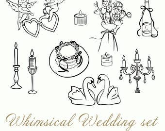 Hochzeit Clipart: Handgezeichnete Amor, Schwäne, Blumen (Digitaler Download SVG/PNG/AI)