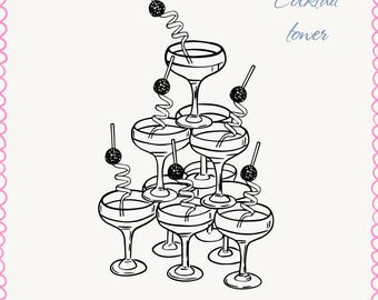 Disco Ball Champagne Tower Clipart: Hand-Drawn Cocktail Pyramid (SVG, PNG)