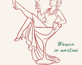 Frau im Cocktailglas PNG Hand gezeichnetes wunderliches Mädchen im Martini-Glas Clipart Martini Bachelorette Clipart SVG