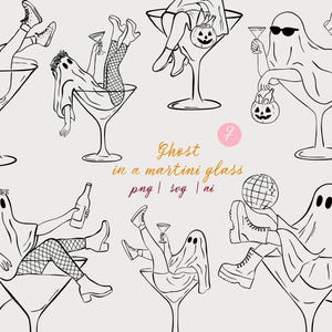 Może przedstawiać: Czarno-biała ilustracja duchów w kieliszkach do martini. Niektóre duchy trzymają koktajle, dynię lub kulę dyskotekową. Widoczny jest również tekst "Ghost in a martini glass".