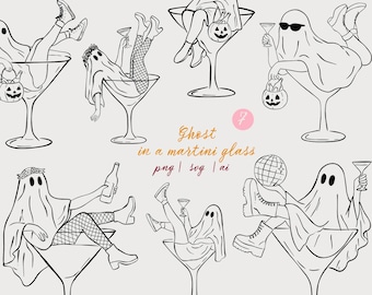 Ghost Women in a Martini Glass Clipart Set SVG PNG Whimsical Ghost Illustration Women in cocktail glass SVG Cute Ghosts for Party Decor