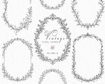 Vintage Blumenrahmen SVG Bundle, handgezeichnete botanische Hochzeitsrahmen, Line Art Borders, minimalistischer Kamm Rahmenset, PNG Vektor Clipart