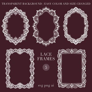 Puede incluir: Cinco marcos de encaje blanco en varias formas, incluyendo diseños ovalados y rectangulares, se muestran sobre un fondo burdeos oscuro. También está presente el texto "LACE FRAMES" y "5". La imagen también incluye el texto "svg png ai".