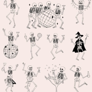 May include: Black and white line art illustrations of dancing skeletons in various poses, holding drinks, a disco ball, and a pumpkin head. The phrase "what's include:" is written in a cursive font at the top of the image.