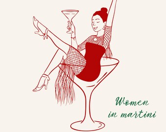 Frau im Cocktailglas PNG Hand gezeichnetes wunderliches Mädchen im Martini-Glas Clipart Martini Bachelorette Clipart SVG Brautparty Clipart