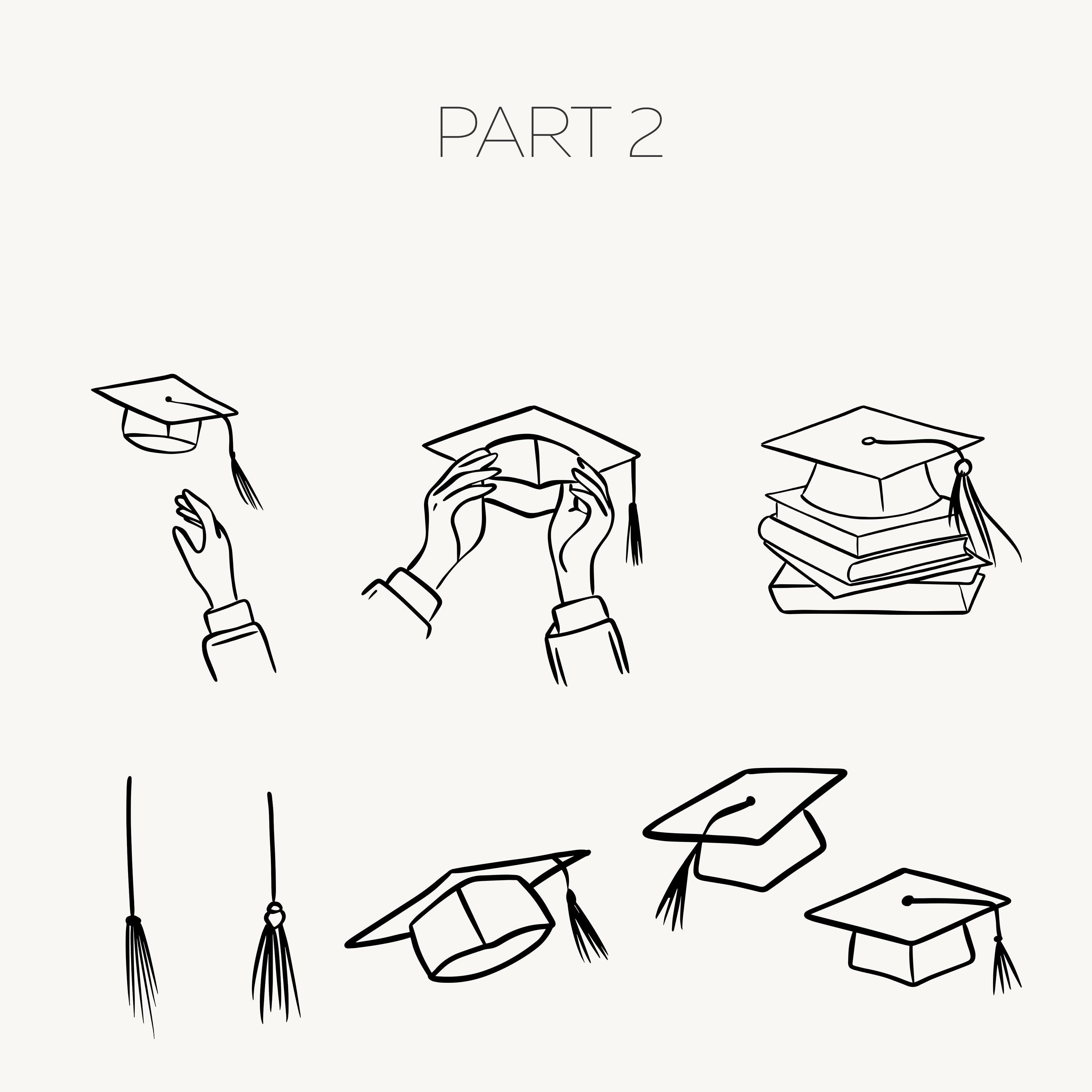 Outline Grad Hand Graduation Clipart Bandle Hand-drawn Graduation Line Art Illustrations ...