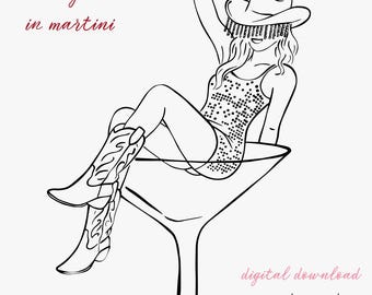 Cowgirl Woman in Martini Glass SVG PNG Clipart Disco Cowgirl SVG Hand Drawn Whimsical Bachelorette Party Invitation Icon Western Cowgirl