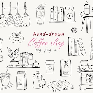 以下が含まれることがあります： 手描きの白黒イラストで、コーヒーカップ、本、コーヒーメーカー、コーヒーマシンなど、コーヒーショップのアイテムが描かれています。「hand-drawn Coffee shop」というテキストも含まれています。
