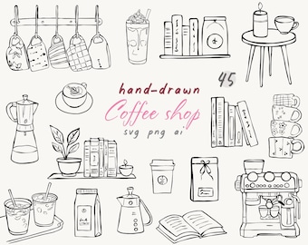 Coffee Shop Clipart Bundle SVG PNG Hand-Drawn Cozy Clipart Coffee and Books Line Art Cafe Menu Coffee Illustration Set
