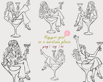Hippie Junggesellinnenabschied Clipart: Groovy Martini Glas Mädchen (SVG, PNG, AI)