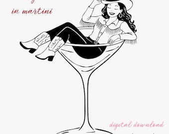 Cowgirl Frau in Martini Glas SVG PNG Clipart Disko Cowgirl SVG Handgezeichnet Skurril Junggesellinnenabschied Symbol Western Cowgirl