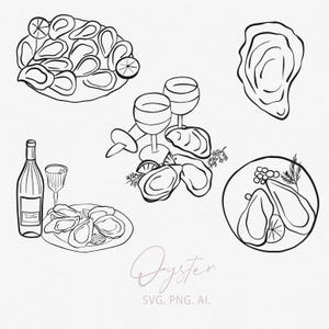 Ilustración de arte lineal de ostras, clipart, SVG, PNG, paquete, dibujado a mano, caprichoso icono de contorno de mariscos, invitación de boda minimalista, despedida de soltera